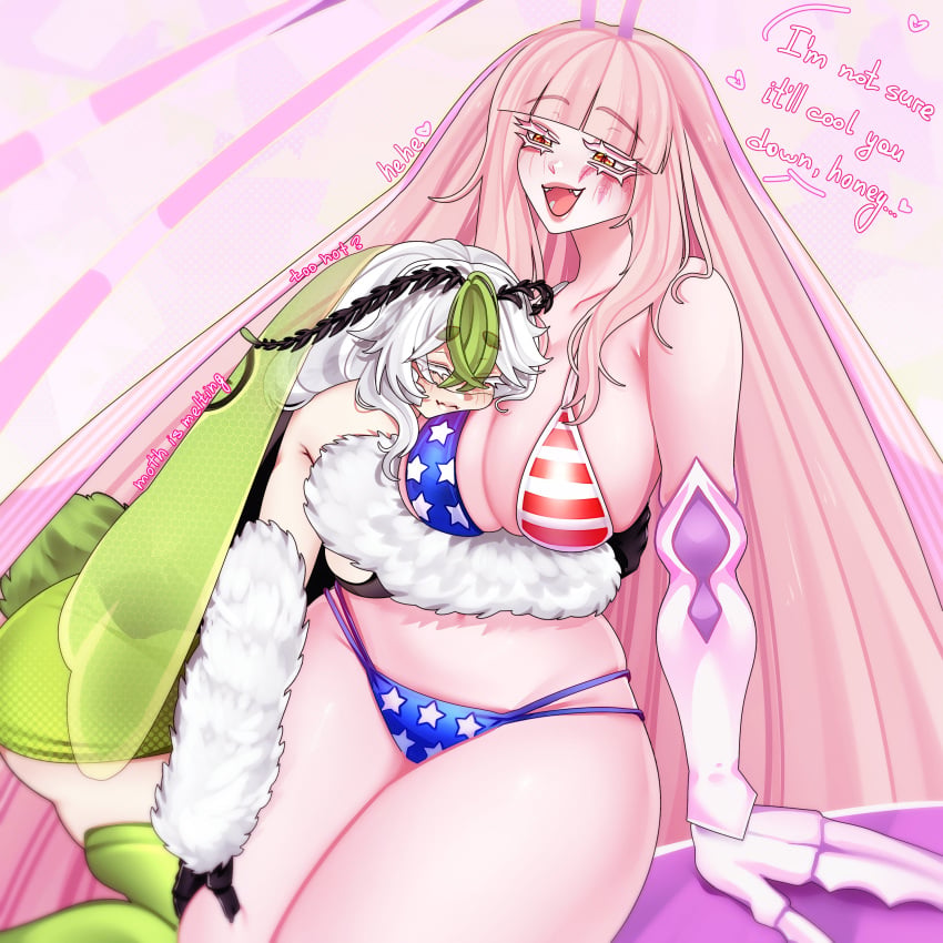 1girls 2girls absurdres age_difference american_flag american_flag_bikini american_flag_print antennae arthropod_girl arthropod_limbs big_breasts bikini blunt_bangs breasts breedable_hips cleavage closed_eyes closed_mouth cockroach_girl curvy extra_arms facial_mark female flag_print flag_print_bikini grabbing_another's_thighs green_hair head_wings highres hips hug huge_breasts indie_virtual_youtuber insect_girl insect_wings juniper_actias large_breasts lesbian long_hair massive_breasts matara_kan mature mature_female milf mommy monster_girl moth_antennae moth_girl moth_wings multicolored_hair multiple_girls open_mouth pink_hair print_bikini simple_background sitraell streaked_hair swimsuit thick thick_thighs thighs tits very_long_hair virtual_youtuber vtuber white_hair wide_hips wings yellow_eyes yuri