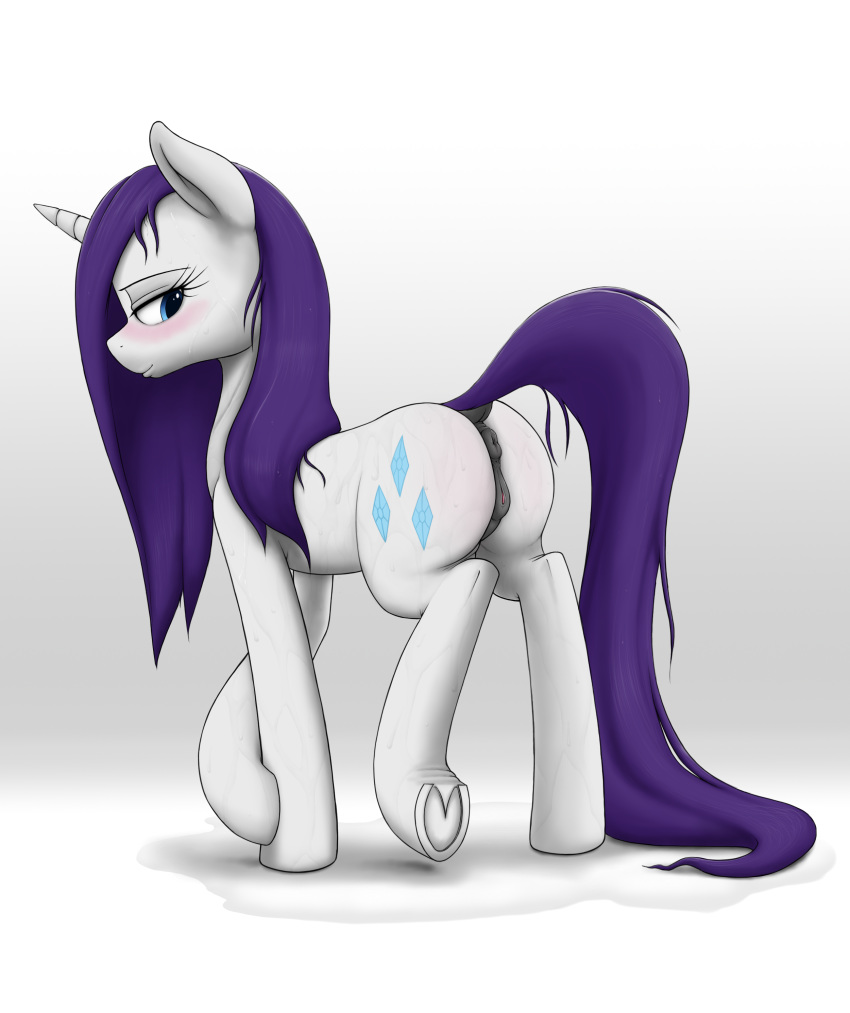 2017 absurdres anatomically_correct anatomically_correct_pussy anearbyanimal animal_genitalia animal_pussy anus ass blue_eyes blush cutie_mark equine equine_pussy female feral friendship_is_magic half-closed_eyes highres horn mammal my_little_pony purple_hair pussy rarity_(mlp) smile solo unicorn