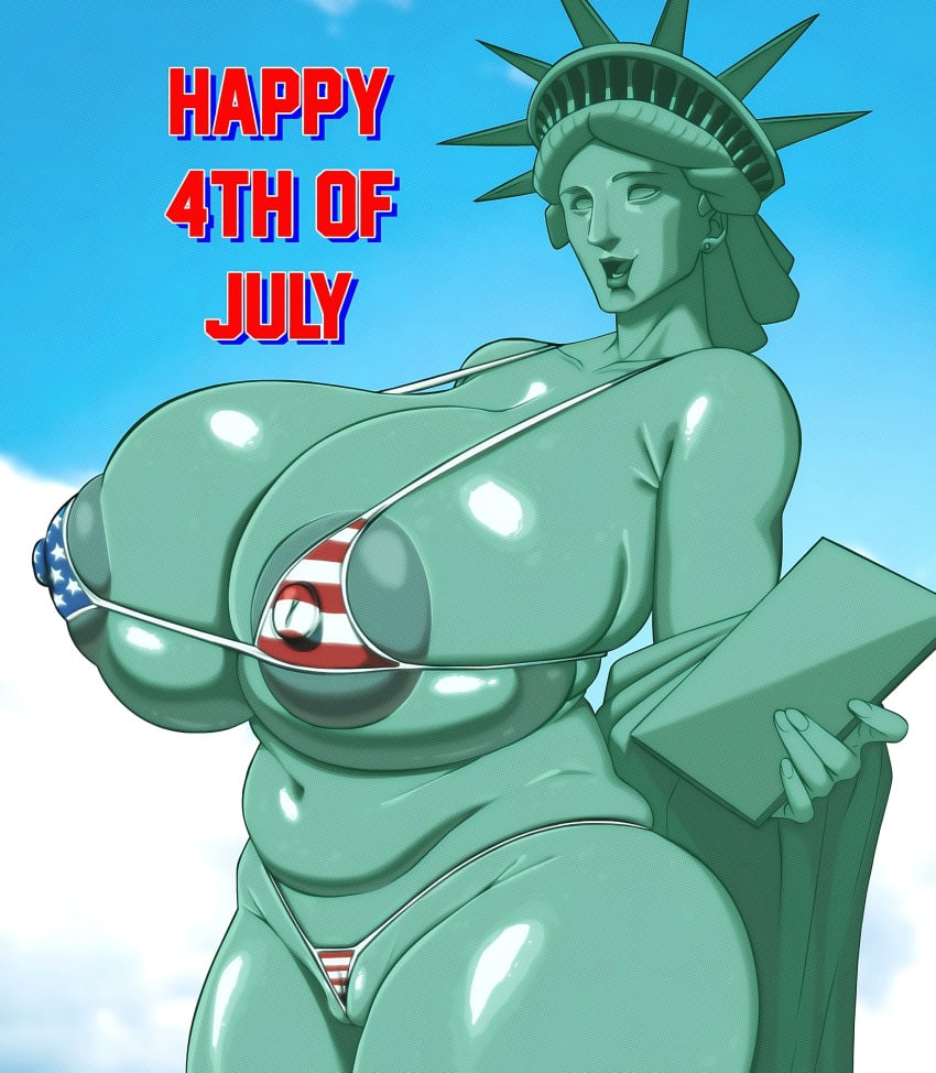 1girls 2d 4th_of_july american_flag_bikini bikini breasts breasts_bigger_than_head busty divine_wine female female_only green_skin solo solo_female statue_of_liberty tagme thighs vampiranhya_(artist)