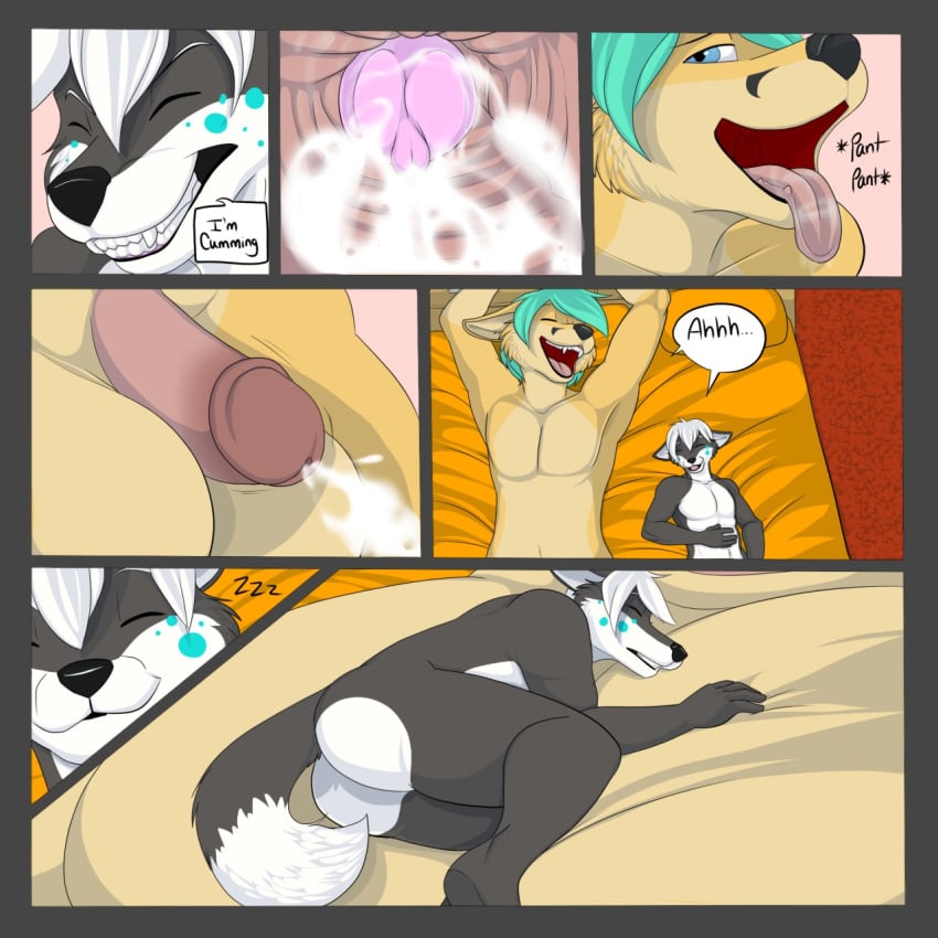 anal anal_sex animal_genitalia animal_penis anthro ass black_nose blue_eyes canine canine_penis closed_eyes comic cum cum_in_ass cum_inside cum_while_penetrated cumshot detailed_background dialogue duo ejaculation english_text fennec fox fur green_hair hair humanoid_penis internal male mammal markings merffle nude open_mouth orgasm penetration penis serge sex sleeping smile speech_bubble teeth text tongue tongue_out white_hair wolf yaoi