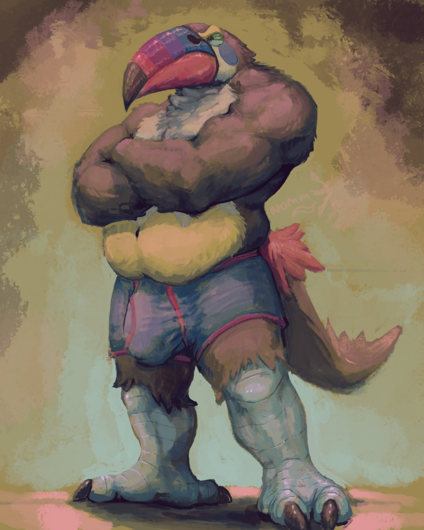 1boy anthro avian barazoku beak belly bulge claws clothing feet male male_only musclegut muscular navel nintendo nommz overweight pokemon pokemon_sm solo standing tail thick_thighs topless toucannon underwear video_games wide_hips