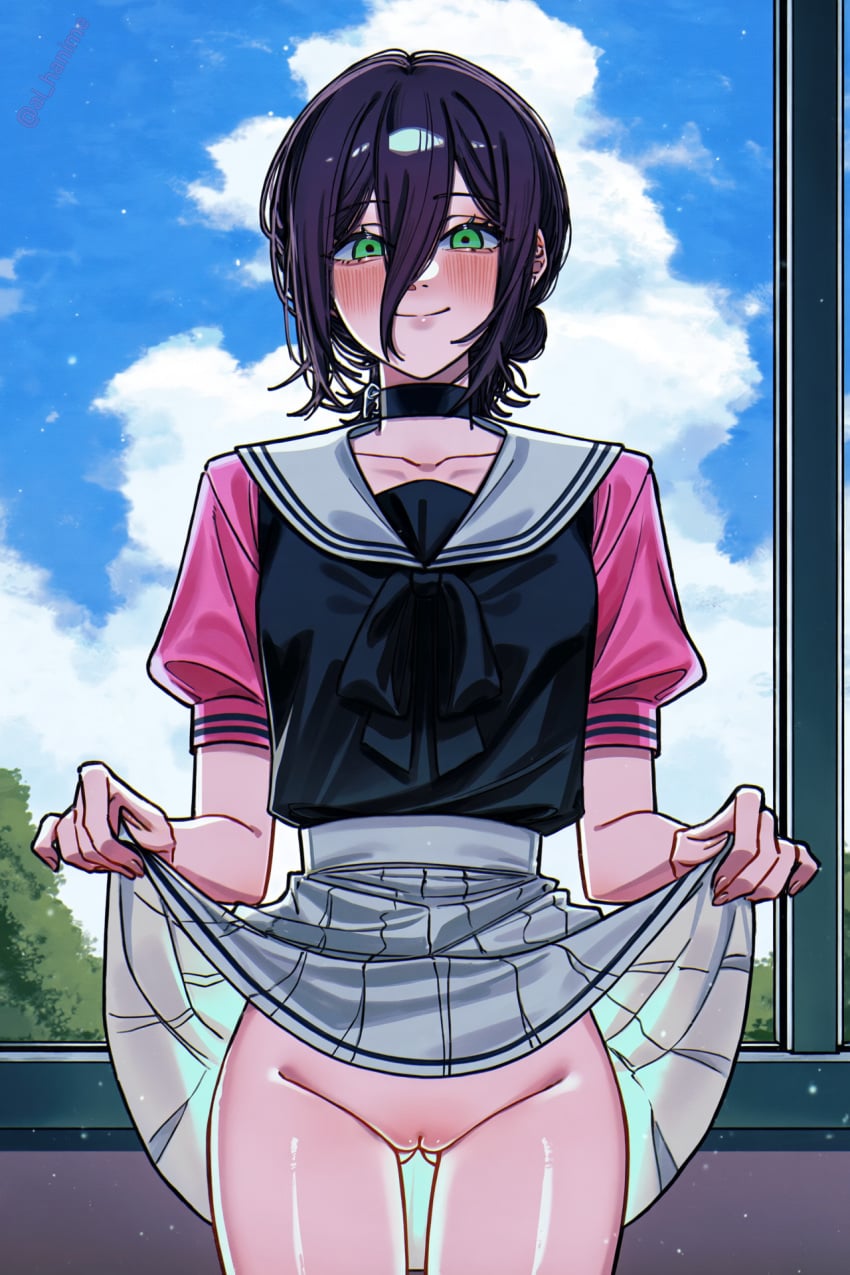 1girl ai_assisted alternate_costume ass_visible_through_thighs black_choker black_hair black_shirt blue_sky blush chainsaw_man chainsawman choker cleft_of_venus closed_mouth clothes_lift cloud collarbone cowboy_shot day green_eyes hair_between_eyes hair_bun indoors lifted_by_self looking_at_viewer medium_hair no_panties pink_shirt pink_sleeves pleated_skirt puffy_sleeves purple_hair pussy reze reze_(chainsaw_man) sailor_collar school_uniform shirt shirt_tucked_in short_hair short_sleeves skirt skirt_lift sky smile solo standing thigh_gap uncensored white_sailor_collar white_skirt window