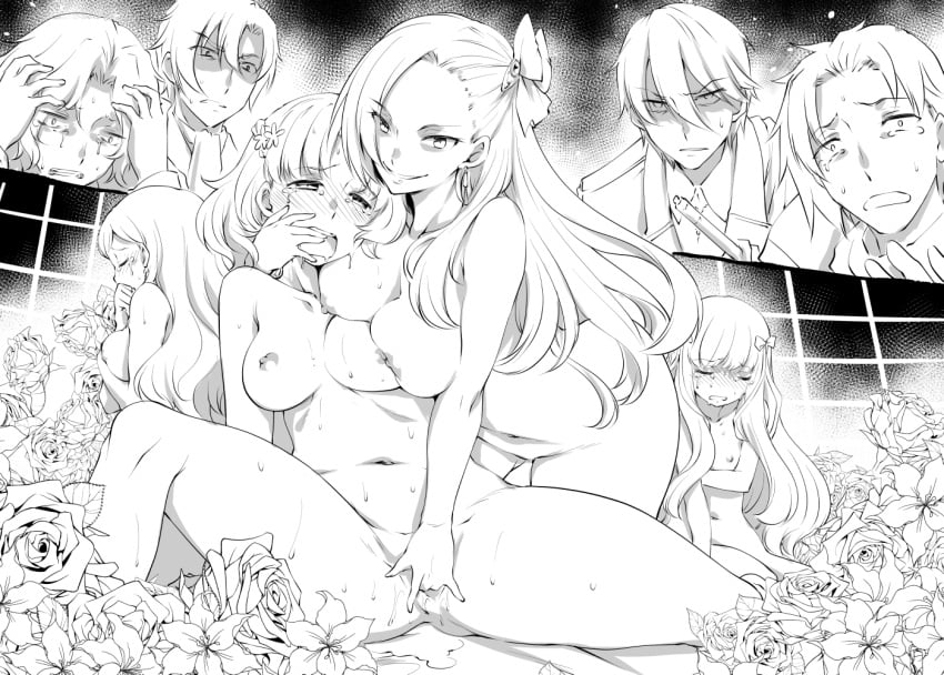 4boys 4girls alan_stuart angry bad_end blush breasts commentary_request covering_breasts covering_privates crying crying_with_eyes_open evil_grin evil_smile finger_in_another's_mouth fingering flower geordo_stuart greyscale grin hair_between_eyes hair_flower hair_ornament hair_ribbon hisakawa_chin katarina_claes keith_claes large_breasts lineart long_hair maria_campbell mary_hunt medium_breasts monochrome multiple_boys multiple_girls navel netorare nicol_ascart nipples nude otome_game_no_hametsu_flag_shika_nai_akuyaku_reijou_ni_tensei_shite_shimatta pussy_juice ribbon rose ruined_for_marriage shaded_face small_breasts smile smirk sophia_ascart spread_legs sweat tears vaginal window yuri