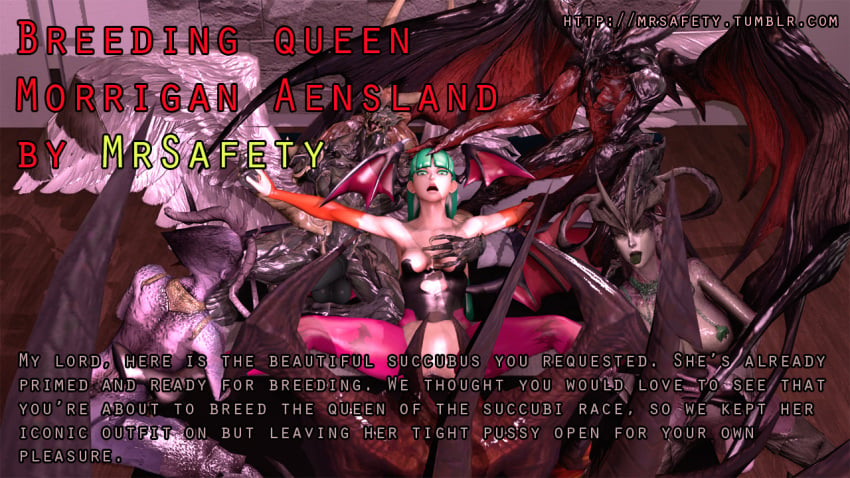 3d clothed_sex clothing crossover darkstalkers desire_demon diablo diabolos dialogue dragon_age english_text female gangbang green_hair head_wings male medium_breasts morrigan_aensland mr_safety rape small_breasts succubus text