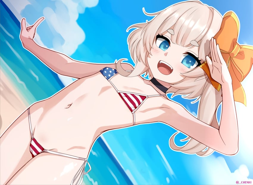 1girl 1girls :d absurdres american_flag american_flag_bikini american_flag_print arm_up armpits artist_name bare_arms bare_shoulders beach bikini black_choker blonde_hair blue_eyes blue_sky blush bow cameltoe chenki chenki_(chenki) choker cloud collarbone cowboy_shot day dutch_angle female flag_print flag_print_bikini flat_chest fourth_of_july groin hair_bow hand_up highres horizon light_blush long_hair looking_at_viewer marimari_en micro_bikini navel ocean open_mouth orange_bow outdoors outline phase_connect print_bikini salute side-tie_bikini_bottom side_ponytail sky smile solo stomach string_bikini swimsuit teeth thick_eyebrows twitter_username upper_teeth_only virtual_youtuber vtuber water white_outline