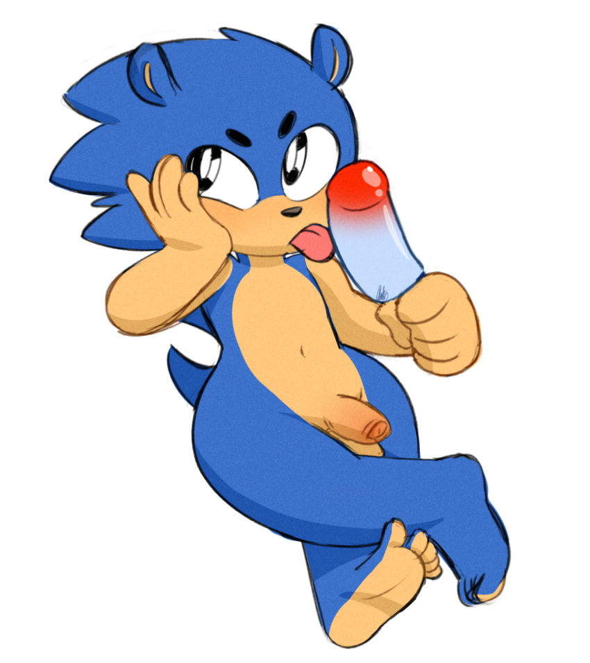 1boy 5_toes anthro anthro_only autobum autocon99 barefoot belly blue_fur crossed_legs feet heels ice_pop icicle icicle_pop leaning_on_hand legs_crossed male male_only mammal navel nude penis phallic plain_background sega simple_background sitting soles solo sonic_(series) sonic_team sonic_the_hedgehog spines tail toes tongue tongue_out uncut white_background