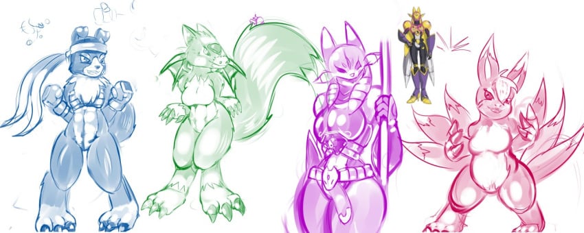 breasts digimon dog dorumon elecmon female fluffy_tail fox_tail furry gaomon human humanoid kitt_kitten sakuyamon tail wings