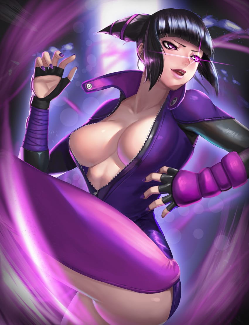 1girls absurdres ass bangs black_hair blunt_bangs blush bodysuit breasts capcom chaps cleavage collarbone drill_hair eyelashes eyeliner female female_only fighting_stance fingerless_gloves gloves glowing_eye highres human juri_han large_breasts long_hair mayrel nail_polish navel no_bra parted_lips pink_eyes purple_nails sidelocks skimpy smile solo street_fighter street_fighter_v twin_drills unzipped zipper