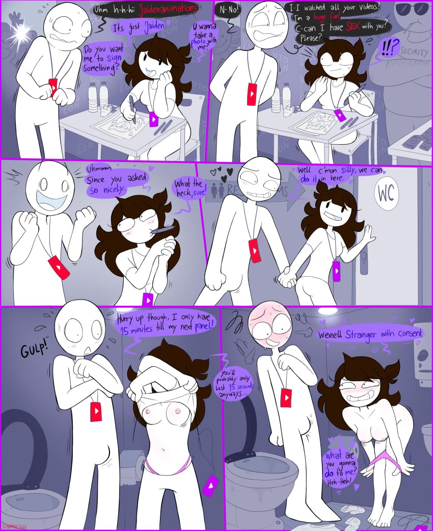 1boy 1boy1girl 1girl 1girl1boy 1girls 2026 areolae artist_name bathroom breasts brown_hair comic convention dialogue english english_dialogue english_text female imminent_sex jaiden jaiden_animations long_hair male male/female navel nipples panties purple_panties restroom shadman speech_bubble stripping tagme text undressing white_body white_skin youtube youtuber