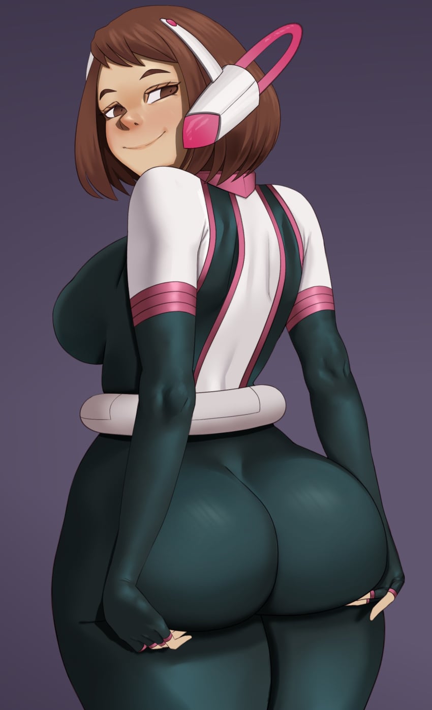 1girls artist_request ass ass_focus ass_grab big_ass bodysuit boku_no_hero_academia brown_eyes brown_hair looking_at_viewer my_hero_academia ochako_uraraka short_hair solo tagme thighs