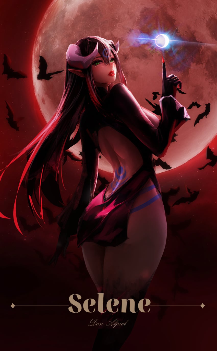 ass_focus black_hair black_legs cover crimson_hair dark_hair demon_girl devil don_alpiel green_eyes magazine_cover mistress moon poster red_lipstick red_nails thick_thighs