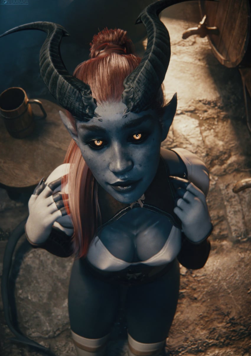 1girls 3d baldur's_gate_3 black_nails black_sclera blue_skin boob_window cleavage detailed_background dungeons_and_dragons female fingerless_gloves gloves glowing_eyes horns kneeling lakrissa long_fingernails long_hair long_nails looking_at_viewer looking_up looking_up_at_viewer medium_breasts orange_eyes pointy_ears ponytail red_hair sharp_fingernails sharp_nails son_umbasa tail tavern tavern_background tiefling