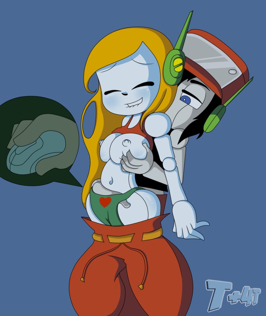 android biting_lip blonde_hair blue_background breast_grab breasts cave_story closed_eyes clothing curly's_panties curly_brace female fingering from_behind gynoid hand_in_panties humanoid lewdacris long_hair machine male manual panties quote_(cave_story) robot robot_ears robot_joints t+4t