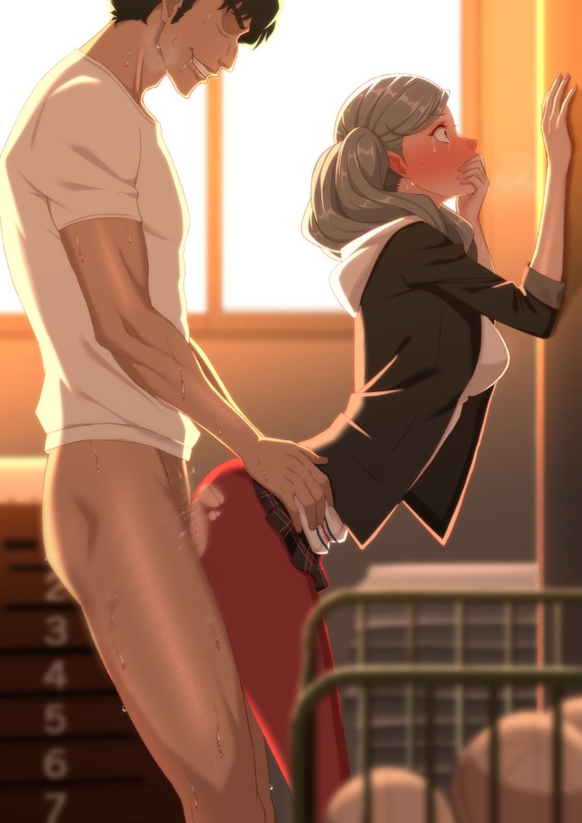 1boy 1girl 1girls age_difference ann_takamaki black_jacket blush breasts clothed_sex commentary_request covering_own_mouth cowboy_shot crying crying_with_eyes_open drooling embarrassed eruu_(eruuman) femsub from_side grey_hair hetero highres hood hoodie indoors jacket kamoshida_suguru large_breasts leggings light-skinned_female maledom mature_male miniskirt netorare older_male pantyhose persona persona_5 profile rape red_pantyhose scared sex sex_from_behind shirt short_hair skirt slim_waist standing_sex suguru_kamoshida sweat takamaki_ann teacher_and_student teenager torn_clothes torn_pantyhose twintails vaginal_penetration what_if white_hoodie white_shirt younger_female