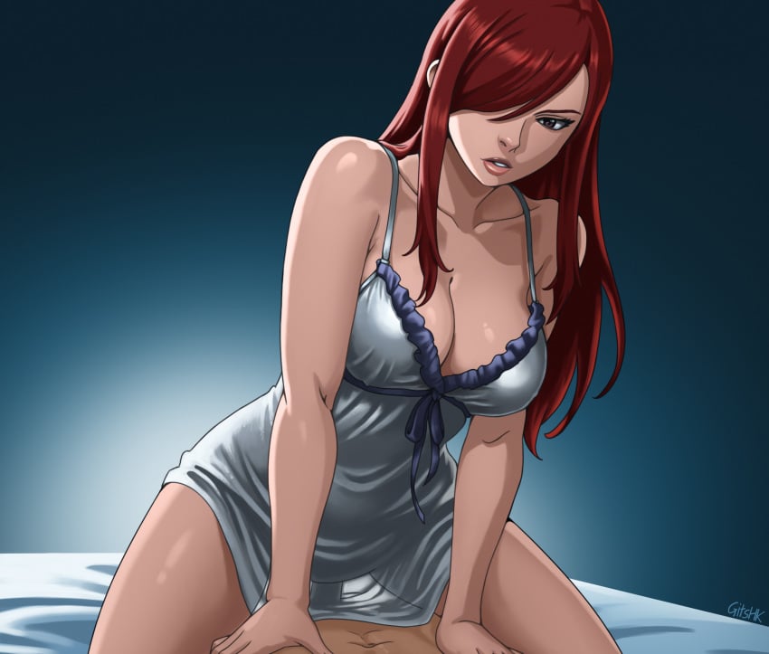 cowgirl_position erza_scarlet fairy_tail hair_covering_eye nightgown pov pov_eye_contact red_hair redhead
