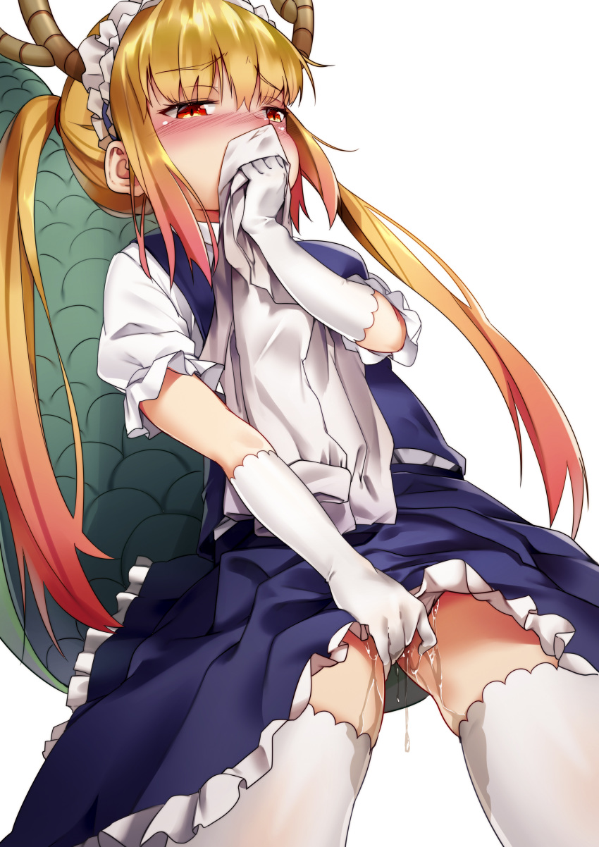 absurdres blonde_hair blush blush_lines chen_bin covering_mouth dragon_girl dragon_horns dragon_tail elbow_gloves eyebrows_visible_through_hair female female_only gloves hair_between_eyes highres horns long_twintails maid maid_headdress masturbation miss_kobayashi's_dragon_maid orange_eyes pussy_juice scaled_tail simple_background sniffing sniffing_clothes solo tail thighhighs tied_hair tohru_(dragon_maid) twintails very_long_hair white_background white_gloves white_legwear