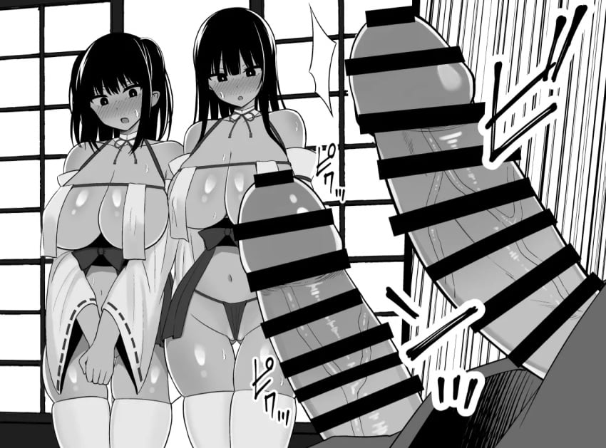 2girls architecture ass_visible_through_thighs bar_censor black_hair blunt_bangs blush breasts censored cinnamon_(mon_moncinnamo) detached_collar detached_sleeves east_asian_architecture erection fundoshi greyscale hakama hakama_short_skirt hakama_skirt japanese_clothes large_breasts large_penis long_hair midriff monochrome multiple_girls navel nontraditional_miko open_mouth original penis revealing_clothes shiny_skin single_breast_curtain skirt sweatdrop thighhighs thighs twintails veins veiny_penis white_thighhighs