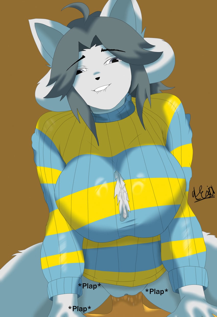 1boy1girl 1boys 1girls 2026 2d absurd_res after_paizuri alexjoi anthro big_breasts blush boobs boobs_out breasts breasts_bigger_than_head cleavage covered_nipples cum cum_drip cum_on_body cum_on_breasts cum_on_upper_body cum_under_clothes curvy curvy_body curvy_female curvy_figure cute deltarune digital_drawing_(artwork) digital_media_(artwork) domestic_cat ejaculation ejaculation_between_breasts feline female female_focus female_on_top fur furry grey_fur hair hi_res huge_breasts large_breasts penetration plap plap_(sound) riding ripped_clothes ripped_clothing sex straight sweater temmie temmie_(species) temmie_(undertale) thick_thighs thighhighs thighs undertale undertale_(series) undertale_fanfiction