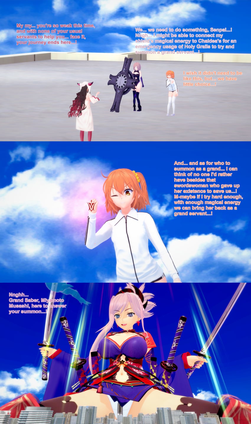 3d 4girls english_text fate/grand_order fate_(series) female female_focus fujimaru_ritsuka_(female) giantess koikatsu mash_kyrielight miyamoto_musashi_(fate) orange_hair panties panty_shot pink_hair sesshouin_kiara sessyoin_kiara text xavierhuge