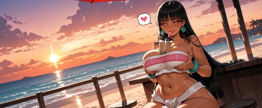 1girl ai_assisted ai_generated armlet bangs beach black_hair blush bracelet breasts chel_(the_road_to_el_dorado) cleavage curvaceous curvy curvy_female curvy_figure dark_skin earrings female heart huge_breasts jewelry long_hair looking_at_viewer miyuai navel necklace ocean orange_sky solo spoken_heart sunset swimsuit the_road_to_el_dorado thick thick_ass thick_butt thick_hips thick_legs thick_thighs tongue umbrella voluptuous voluptuous_female water wide_hips wide_thighs