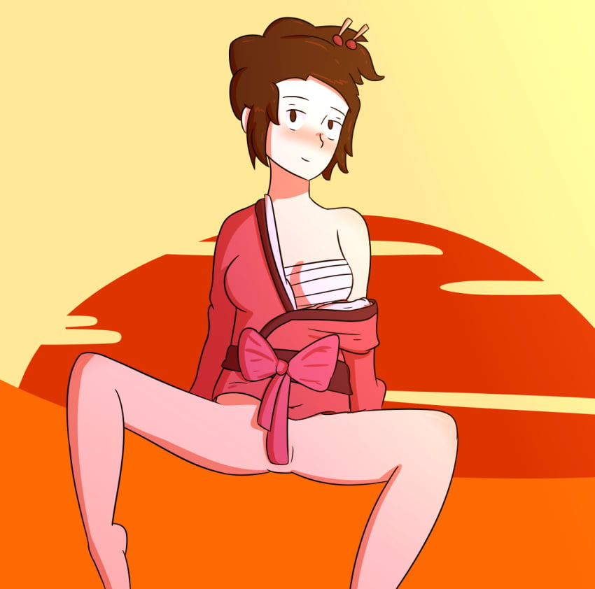 blush breasts brown_eyes brown_hair female female_only fuu hair_stick human kimono samurai_champloo smile spread_legs tagme traditional_clothes