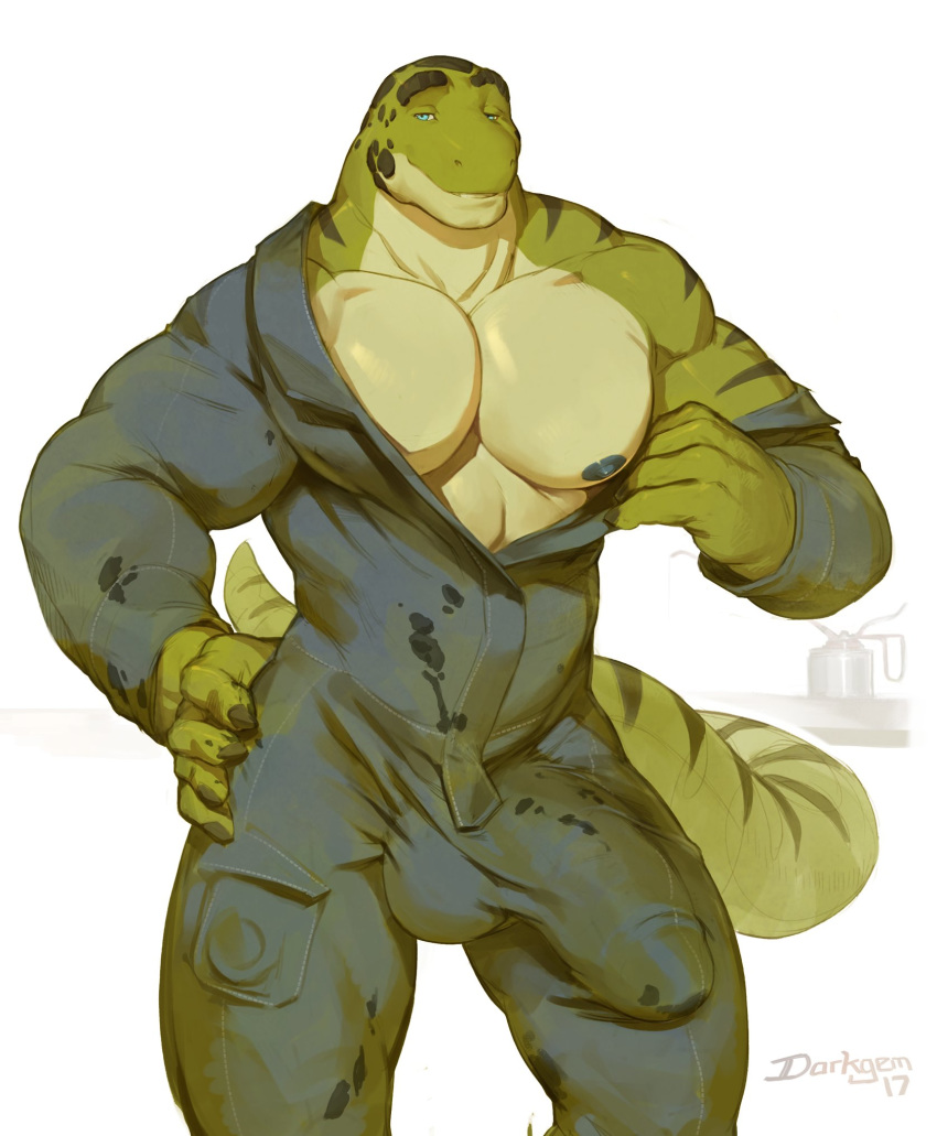 1boy 2017 anthro biceps big_penis blue_eyes bulge clothed clothing darkgem erection front_view hand_on_hip huge_cock lizard looking_at_viewer male male_only mechanic muscular muscular_male nipples open_clothes open_shirt partially_clothed pecs penis pose presenting reptile scalie shirt simple_background solo standing teeth thick_penis uniform white_background