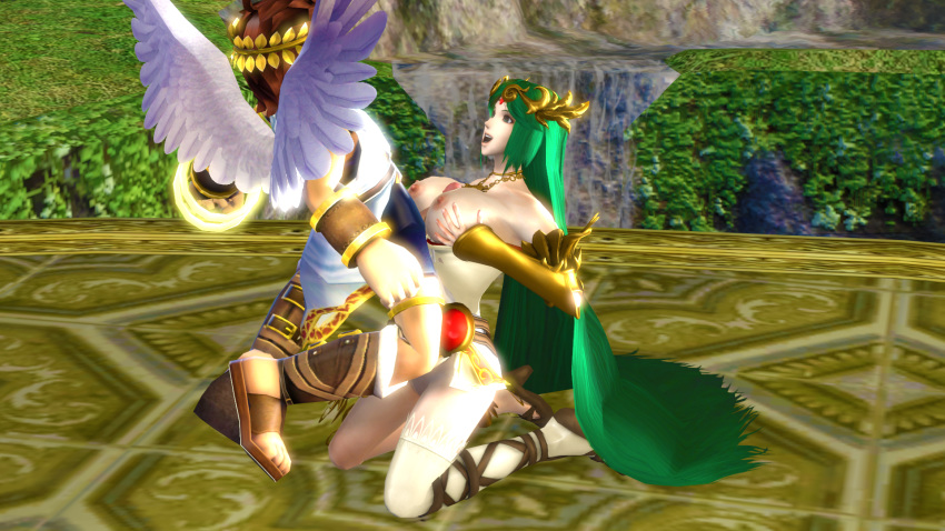 1boy 3d age_difference angel angel_wings belt black_shorts bracelet bracer breasts breasts_out brown_hair chiton choker circlet clothed_sex collar cyrenaic13 dress female forehead_jewel gladiator_sandals green_eyes green_hair happy_sex high_heels kid_icarus kid_icarus_uprising kneeling large_breasts laurel_crown multiple_belts nintendo nipples paizuri palutena panties parted_bangs pendant penis pit pit_(kid_icarus) sandals single_thighhigh smile source_filmmaker swept_bangs thighhighs thighlet vambraces very_long_hair wings