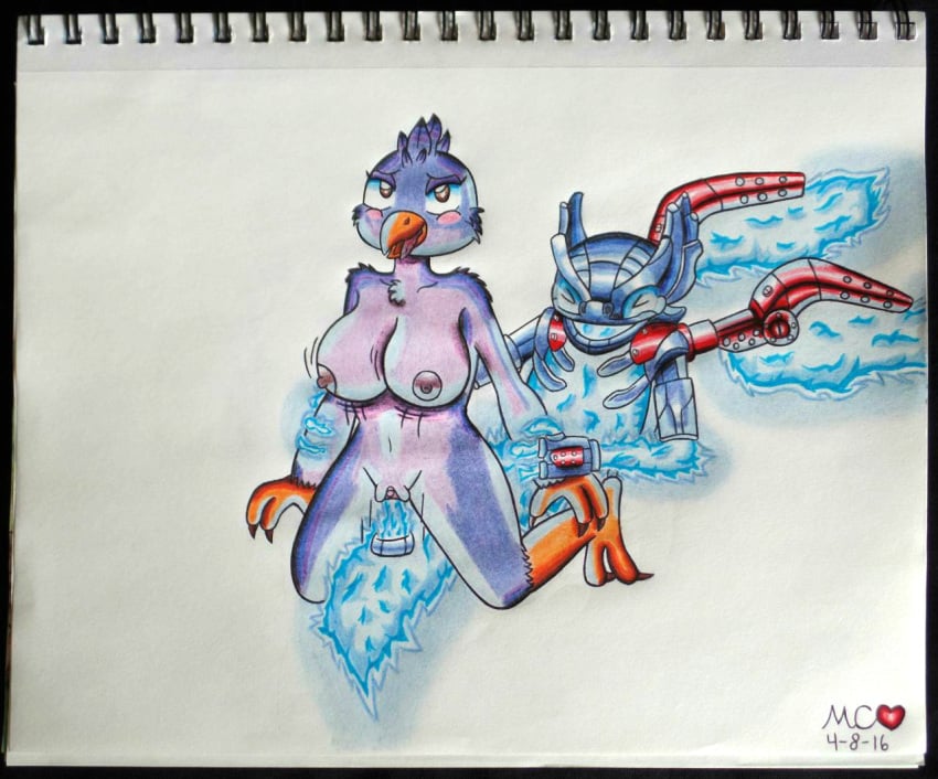 2016 activision anthro avian big_breasts breasts dragon fire mukucookie nipples nude on_top reverse_cowgirl_position sex signature skylanders spitfire_(skylanders) stormblade traditional_media_(artwork)