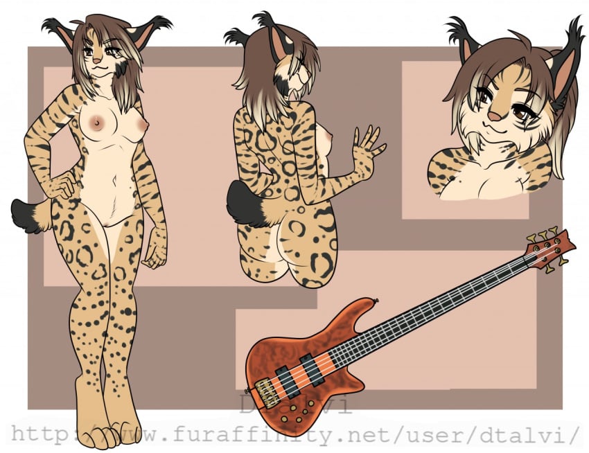 anthro breasts dtalvi feline female guitar lynx mammal model_sheet musical_instrument nipples nude pussy smile solo standing