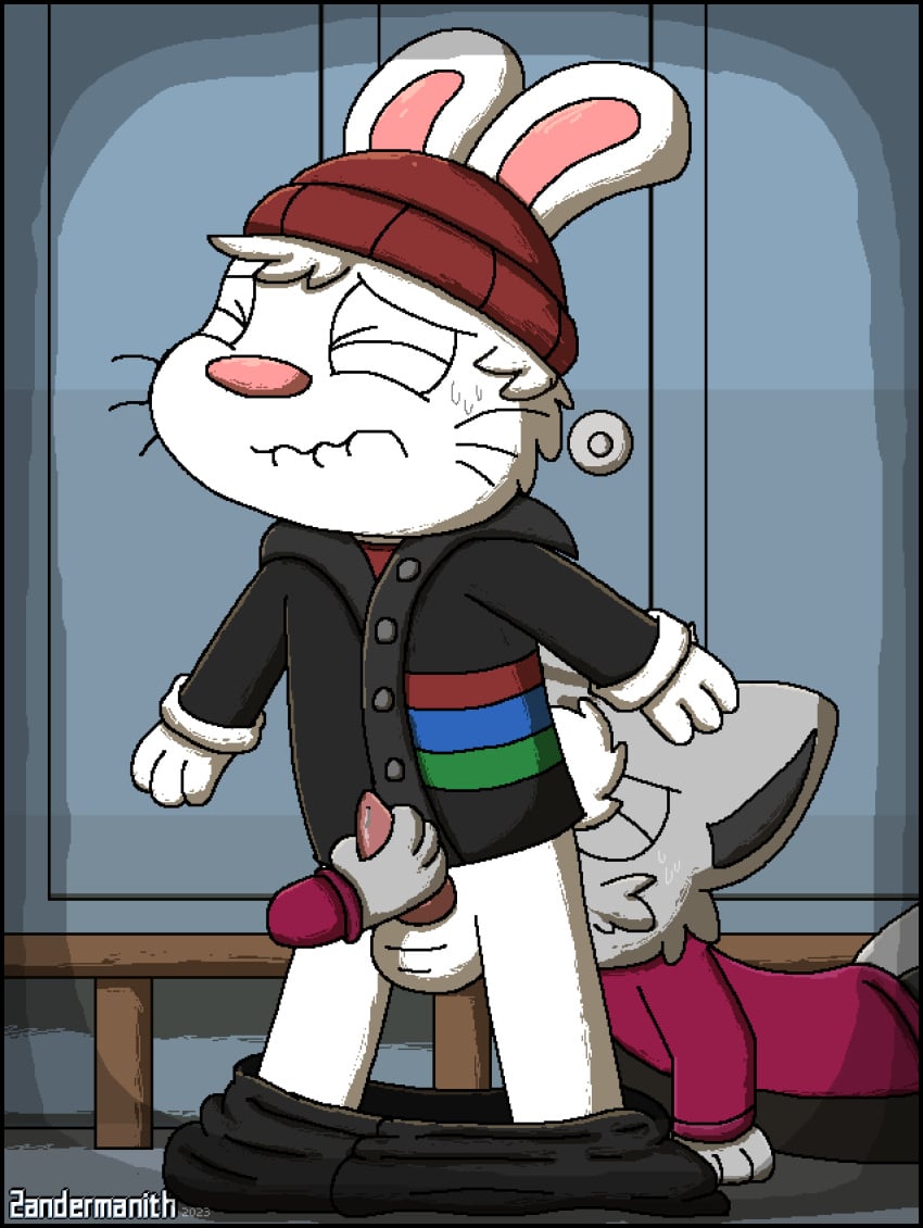 2023 2d_animation anal animated anthro artist_name balls beanie bodily_fluids bottomwear bottomwear_down closed_eyes clothed clothing dated digital_media_(artwork) domestic_cat duo erection felid feline felis fur genital_fluids genitals grey_body grey_fur hair hand_on_penis handjob handjob_while_rimming hat headgear headwear hi_res lagomorph leporid locker_room loop male male_focus mammal moan oral pants pants_around_ankles pants_down partially_clothed penile penis pixel_(artwork) pixel_animation precum rabbit reach_around rimming scut_tail sex short_tail standing tail text tilde_after_text whiskers white_body white_fur white_hair zandermanith