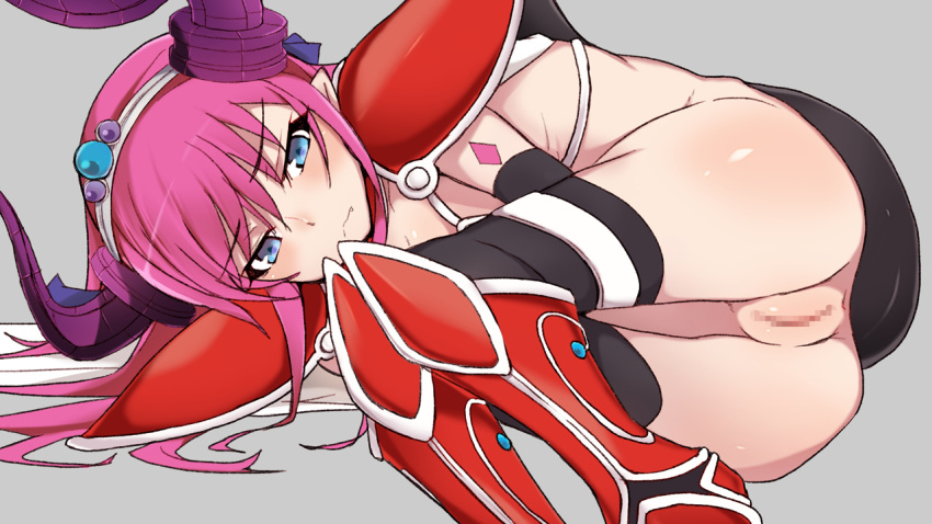 anus armor armored_boots ass black_gloves black_legwear blue_eyes blush boots censored elbow_gloves elizabeth_bathory_(brave) elizabeth_bathory_(fate) fang_out fate/grand_order fate_(series) female gloves horns long_hair lying maze_(gochama_ze_gohan) mosaic_censoring on_side pauldrons purple_hair pussy solo thighhighs tiara