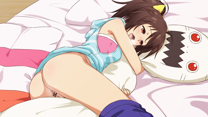 ass bed blush bottomless brown_hair female frame_arms_girl gennai_ao hou_(hachiyou) no_panties open_mouth pussy red_eyes solo tongue