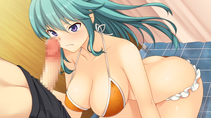 akinashi_yuu ao_no_kanata_no_four_rhythm ao_no_kanata_no_four_rhythm_-es- ass bare_arms bare_legs bare_shoulders bikini blush breasts butt_crack censored dutch_angle erection female game_cg green_hair highres indoors kneeling large_breasts long_hair looking_at_another mosaic_censoring penis purple_eyes solo_focus standing suzumori