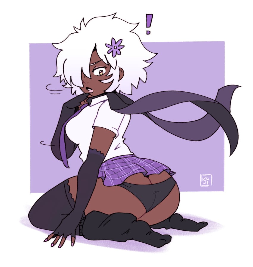 ! 1girls afro ass ass_focus black_panties bowtie dark-skinned_female ebony ebony_female flower_ornament gloves hair_ornament hair_over_one_eye kujikawaii no_more_heroes on_knees panties purple_skirt scarf school_uniform shinobu_jacobs sitting skirt skirt_lift stockings white_hair yellow_eyes zettai_ryouiki
