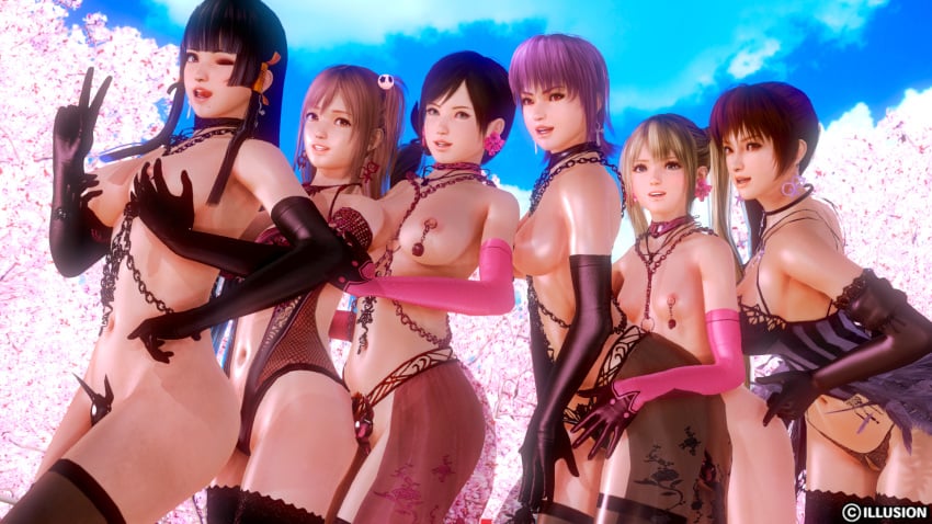 3d 6+girls 6girls areolae ayane_(doa) black_hair blonde_hair breast_grab breasts brown_eyes brown_hair collar dead_or_alive earrings elbow_gloves female female_only gesture gloves groping hair_ornament honey_select honoka_(doa) human jewelry kasumi_(doa) kokoro_(doa) light-skinned_female long_hair marie_rose metagraphy multiple_girls navel nipple_piercings nipples nyotengu one_eye_closed outdoors piercing pink_hair purple_hair red_eyes sex_slave short_hair slave slave_collar slavegirl source_filmmaker take_your_pick tecmo thighhighs thong tied_hair tongue tongue_out topless twintails v very_long_hair wink