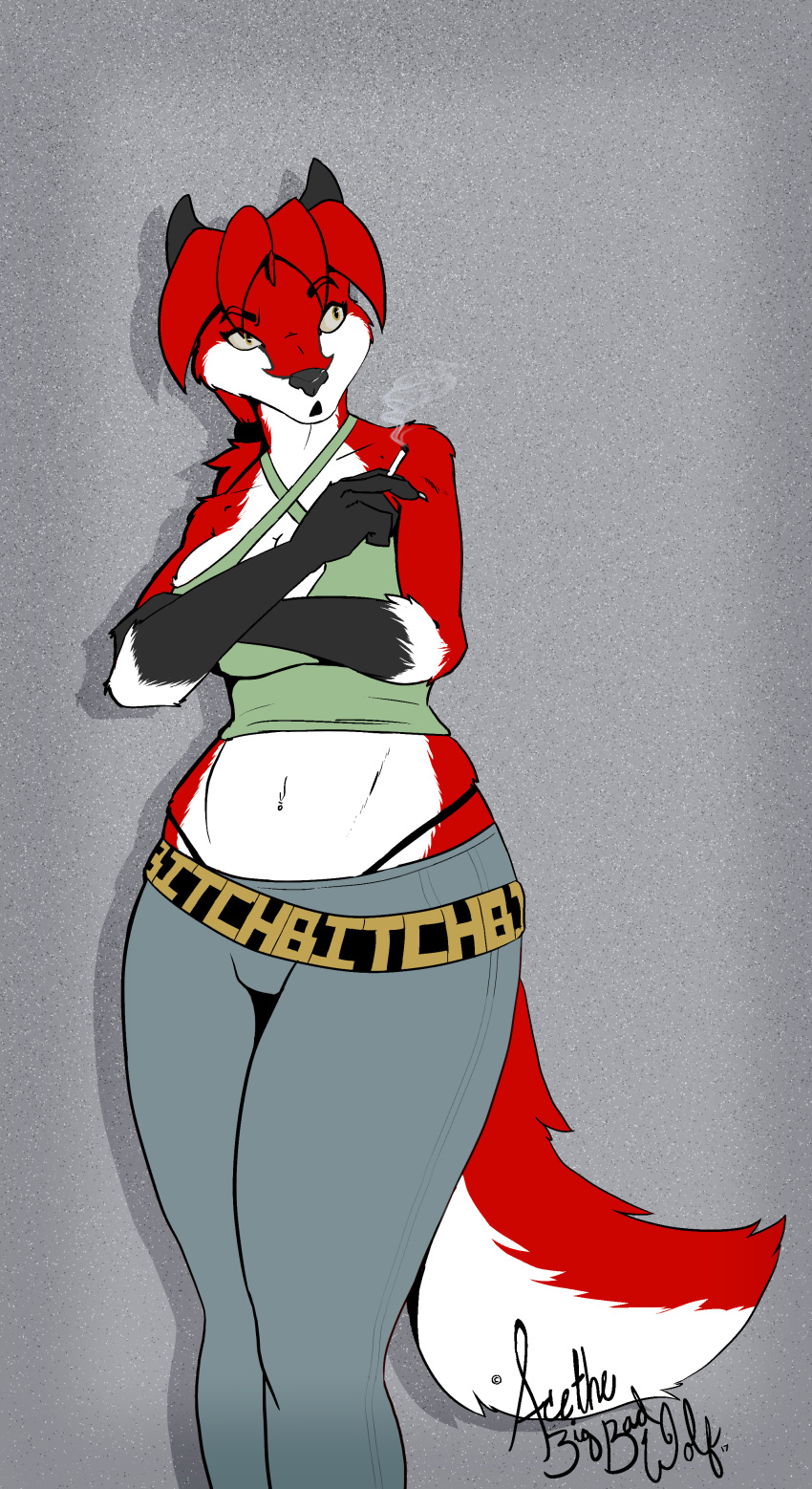 absurd_res acethebigbadwolf anthro canine cigarette clothing fox fur furry g-string hi_res mammal navel nexia ponytail red_fur shadow smoke smoking thong tied_hair underwear vignette wide_hips