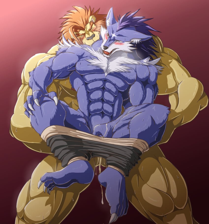 abs anthro blush broken_(artist) canine clothed clothing cum feline lion male mammal muscular muscular_male nude orgasm pants_down partially_clothed pecs penis shining_(series) shining_force shining_tears simple_background video_games wolf yaoi