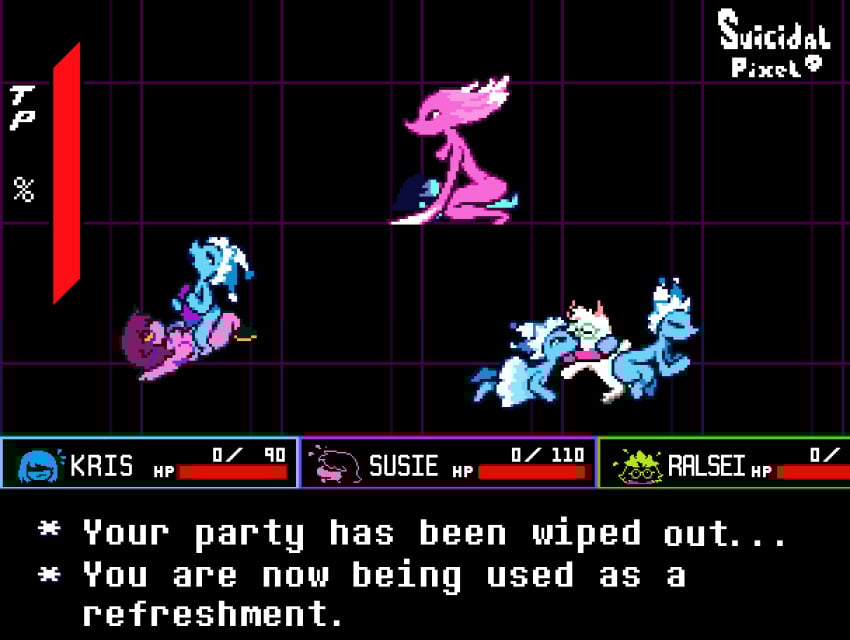 2boys 5girls accurate_art_style animated blue_body cowgirl_position defeated defeated_hero defeated_heroine deltarune deltarune_chapter_4 english_text female female_penetrated femdom game_over gameplay_mechanics glasses goat_boy group group_sex hourglass_figure kissing kissing_while_penetrated kris_(deltarune) lesbian_sex mahogany_hair male male/female male_penetrating male_penetrating_female male_rape_victim miss_mizzle_(deltarune) mizzle_(deltarune) orgy orgy_sex party_wipe pink_body pink_hair pixel_animation pixel_art ralsei ralsei_with_white_fur rape raped_by_enemy reddish-brown_hair reverse_cowgirl_position reverse_gangbang reverse_rape scissoring scissoring_position short_playtime suicidalpixel susie_(deltarune) tagme text undertale undertale_(series) yuri