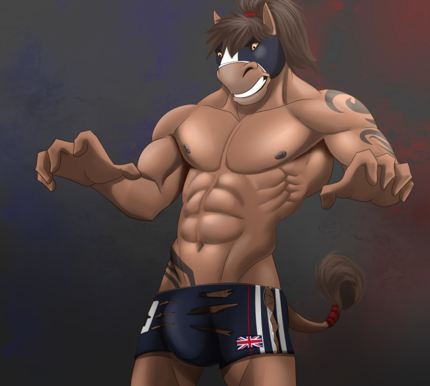 2017 abs anthro balls biceps bulge clothing equine horse male male_only mammal marsel-defender mask muscular muscular_male navel pecs penis shorts solo tattoo union_jack united_kingdom wardrobe_malfunction wrestler