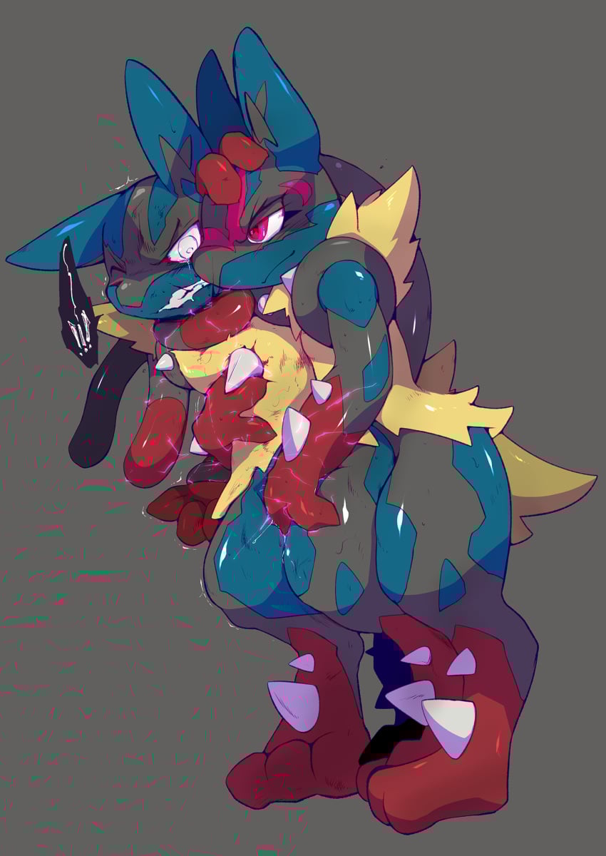 3_fingers 3_toes anthro aura black_body black_fur black_inner_ear blue_body blue_ears blue_fur bodily_fluids bound bound_neck canid canine canis clenched_teeth duo emanata exclamation_point facial_markings feet fingers fist fondling forced forced_groping full-length_portrait fur fur_markings generation_4_pokemon generation_6_pokemon genital_fluids gloves_(marking) grey_background grope groping_chest groping_crotch hand_between_legs hand_on_chest hand_on_head head_markings hi_res hug hugging_another hugging_from_behind jinnosound leg_markings lucario male male_only mammal markings mask_(marking) mega_evolution mega_lucario nintendo one_eye_closed pokemon pokemon_(species) portrait red_aura red_body red_eyes red_fur red_markings sexual_assault simple_background smile smirk smirking_at_partner smug_face smug_grin socks_(marking) sparks speech_bubble spikes spikes_(anatomy) squirming teeth teeth_showing toes white_eyes wounded yellow_body yellow_fur