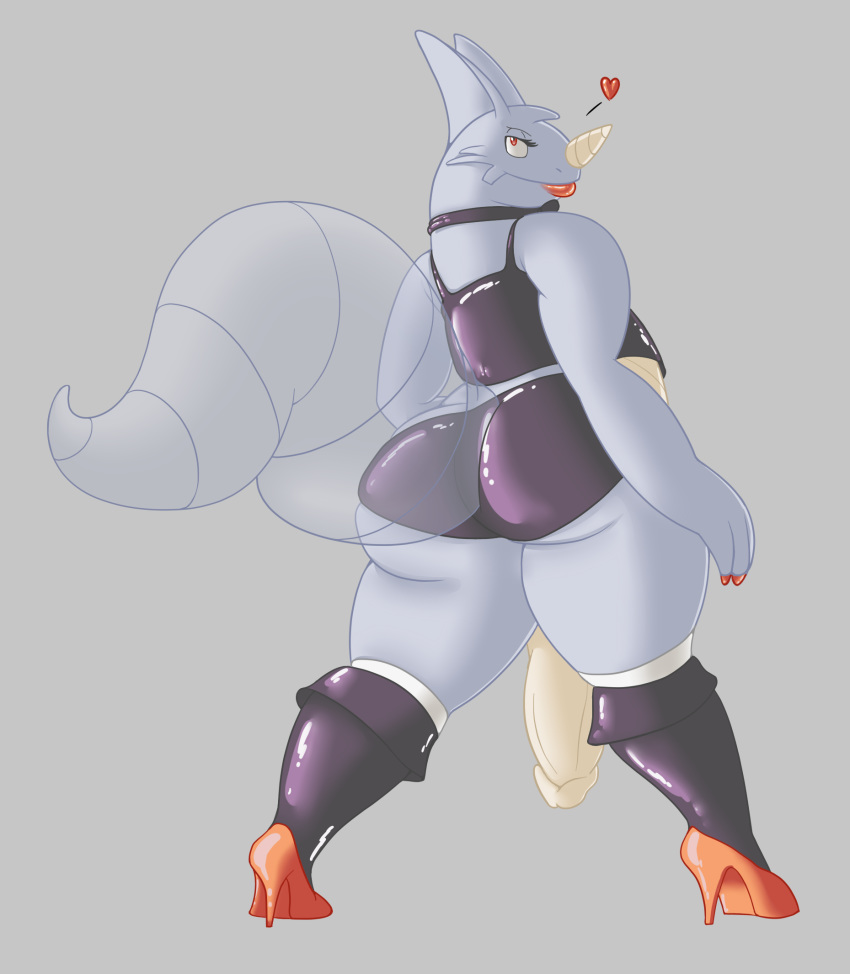 1boy anthro ass back big_penis boots clothing eyelashes flat_chested footwear girly grey_background grey_skin half-closed_eyes heart high_heels horn lipstick makeup male mcnasty nintendo penis pokemon pokemon_(species) red_eyes rhydon rubber shoes solo standing tail thick_thighs video_games voluptuous wide_hips