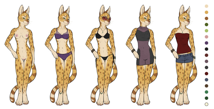 4_toes anklet anthro bengal bikini breasts chessa clothing eyewear feline female hybrid jewelry mammal model_sheet necklace nude pussy serval sunglasses swimsuit toes tsaiwolf underwear