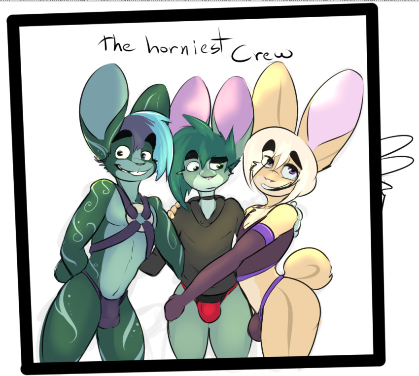 anthro bastien buckteeth bulge bunnies furry furry_only g-string gay gloves green_fur harness hoodie inoby lagomorph male male_only no_humans orion rabbit seffy simple_background tail tail_tuft text trio tuft underwear