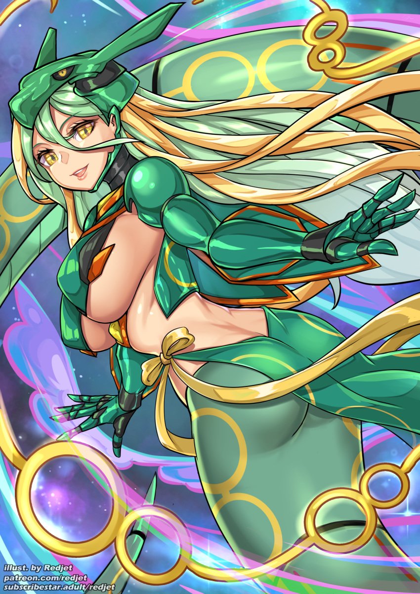 1girls armor armored_boots armored_gloves ass bare_back blonde_hair breasts coils dragon dragon_girl eye_contact female gijinka gold_eyes green_hair humanized humanoid lamia large_breasts legendary_pokémon long_hair looking_at_viewer mega_rayquaza monster_girl multicolored_tail naga nintendo pokemon pokemon_oras rayquaza rayquaza_(cosplay) redjet serpent serpentine snake_girl tail thick_thighs thighs two_tone_hair under_boob yellow_eyes