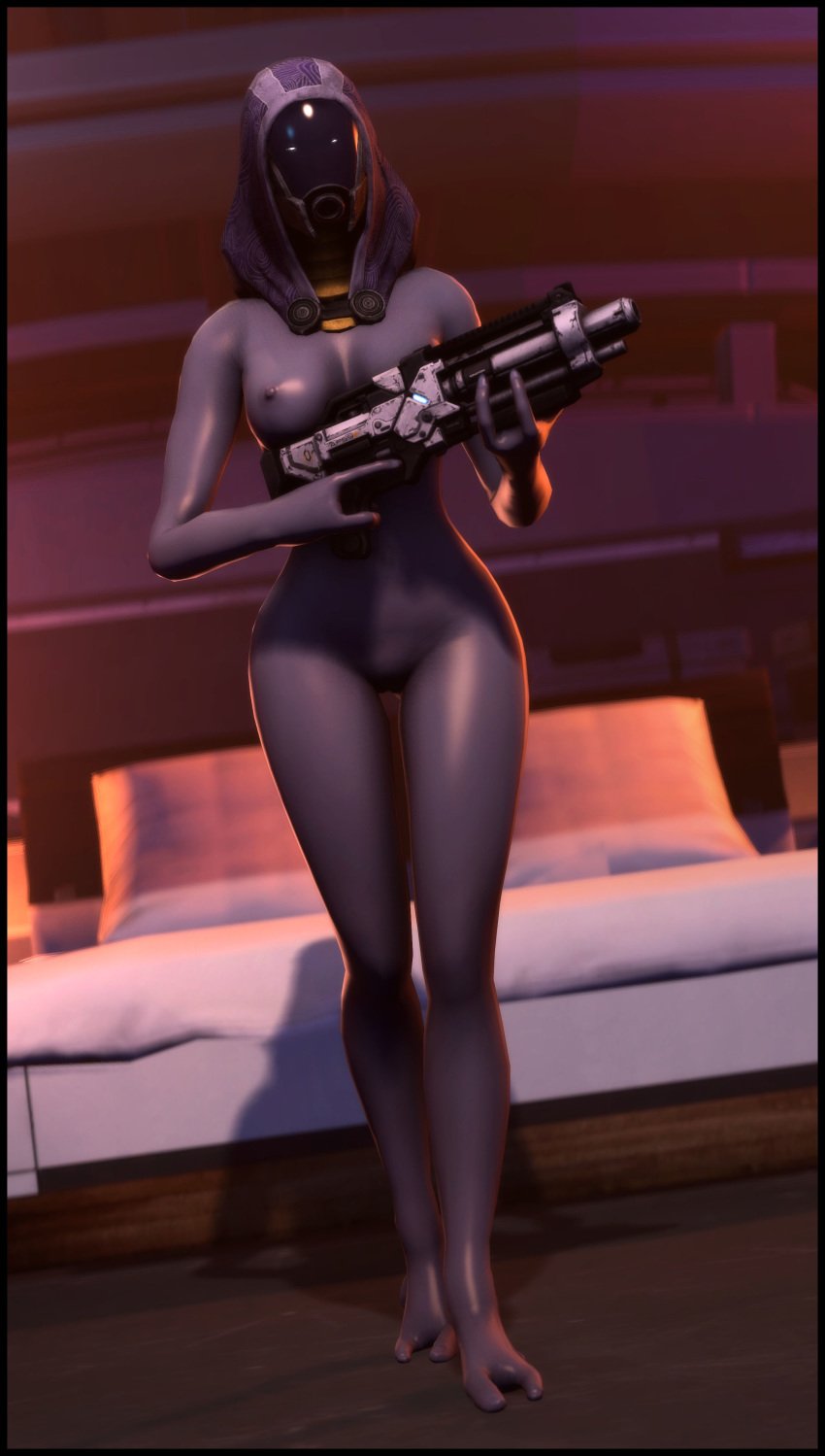 1girls 2017 3d absurdres alien_girl areolae bed bedroom big_breasts bioware breasts erect_nipples female female_only foab30 full_body gun highres legs looking_at_viewer mask mass_effect nipples nude purple_skin pussy quarian shiny solo source_filmmaker standing tali'zorah_nar_rayya thighs weapon