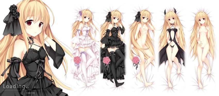 barefoot bed_sheet black_dress black_legwear blonde_hair breasts dakimakura detached_sleeves dress female from_above gothic_lolita hair_ornament hand_in_hair konjiki_no_yami lolita_fashion long_hair lying nipples nude on_back on_side purple_ribbon pussy red_eyes ribbon small_breasts solo thighhighs to_love-ru to_love-ru_darkness verjuice white_dress white_legwear