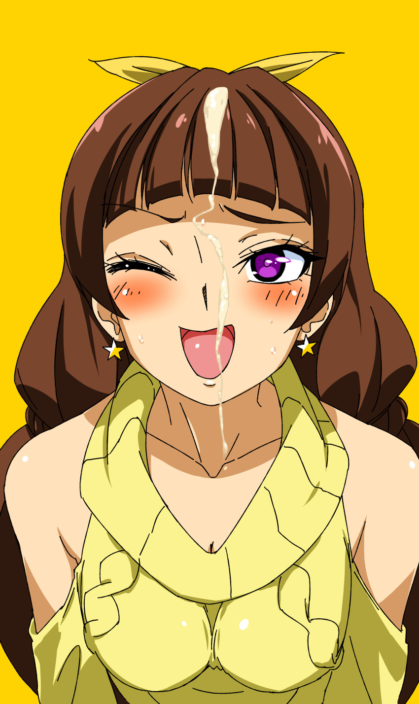 :d absurdres amanogawa_kirara bangs bare_shoulders blunt_bangs blush bow brown_hair clothing cum earrings ejaculation female go!_princess_precure hairbow highres jewelry medium_breasts one_eye_closed open_mouth precure pretty_cure purple_eyes smile solo star star_earrings vu-hakase