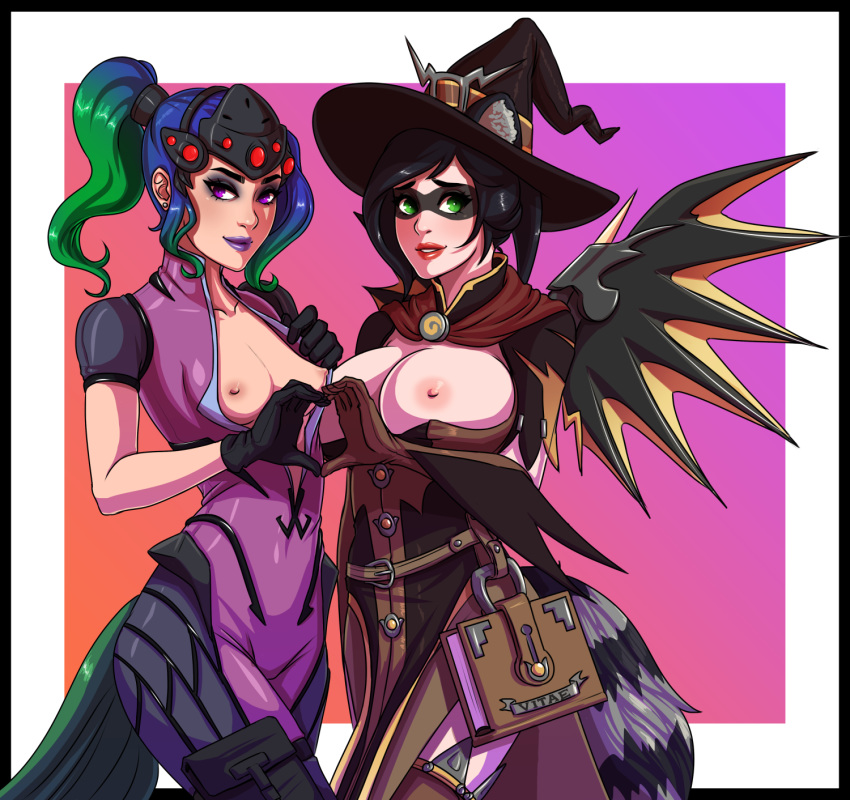 2girls animal_ears bandit_(cathare-saurus) black_hair blue_hair bodysuit book breasts breasts_out bunny_and_fox_world cosplay figgylicious gloves gradient gradient_hair green_eyes green_hair hat head_mounted_display lady_pea_(cathare-saurus) large_breasts lipstick looking_at_viewer makeup mercy_(cosplay) multiple_girls nipples original overwatch overwatch_2 pelvic_curtain ponytail purple_eyes raccoon_ears small_breasts smile thighhighs tied_hair widowmaker_(cosplay) wings witch_hat