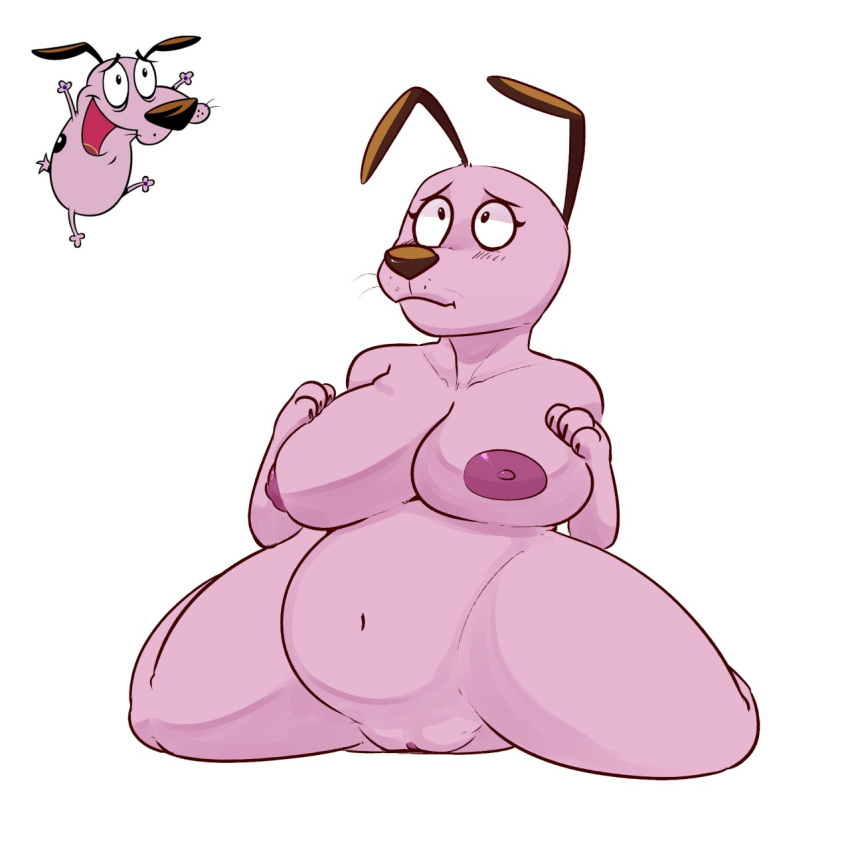 2017 anthro big_breasts breasts canine cartoon_network courage courage_the_cowardly_dog cute female fur hand_on_breast invalid_tag komponi mammal navel nipples nude pink_fur pink_nipples pussy rule_63 simple_background slightly_chubby solo white_background