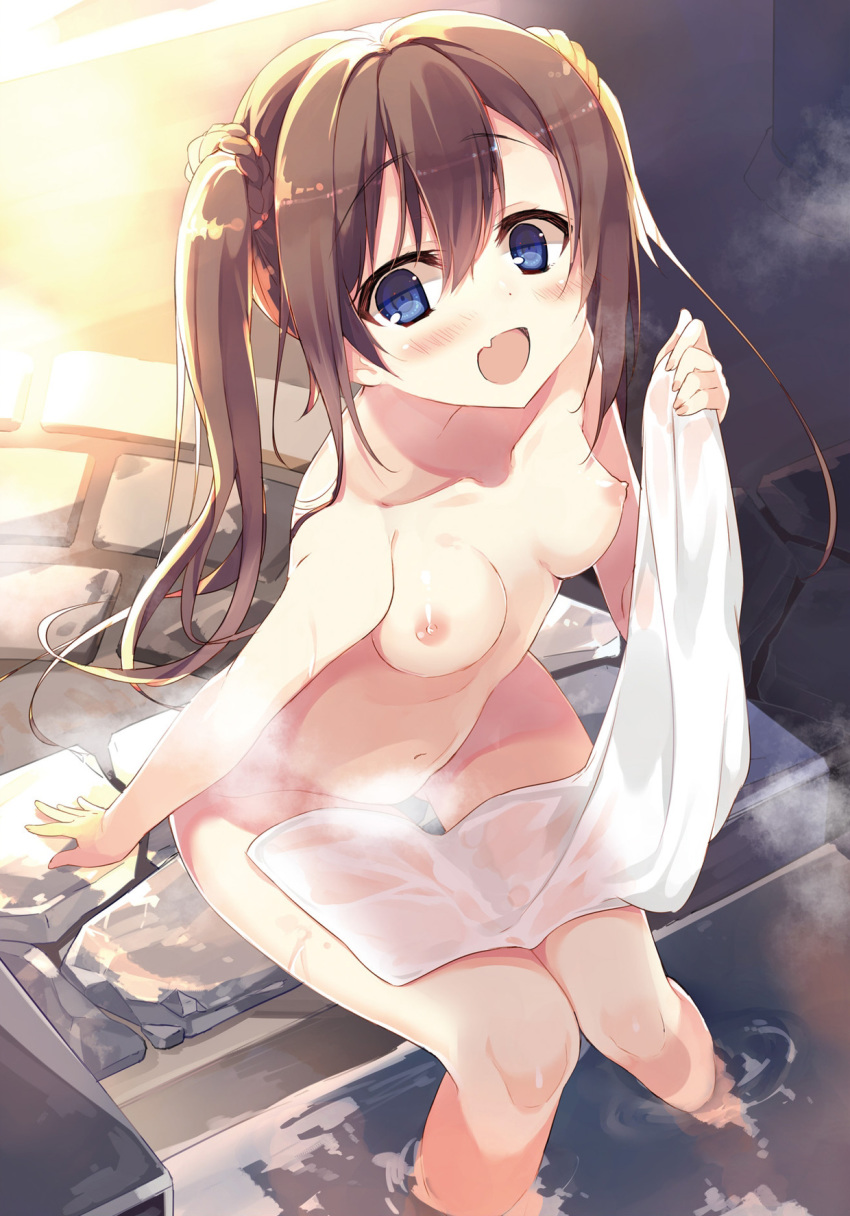 arm_at_side bangs bare_shoulders blue_eyes blush breasts breasts_apart brown_hair collarbone cute_fang dengeki_moeou eyebrows eyebrows_visible_through_hair female fingernails groin hair_between_eyes hair_ornament hand_up highres hisakahazara_(hijojo) holding holding_towel long_hair looking_at_viewer navel nipples nude onsen open_mouth original partially_submerged ripples sidelocks sitting small_breasts soaking_feet solo steam thigh_gap tied_hair towel twintails wading water wet